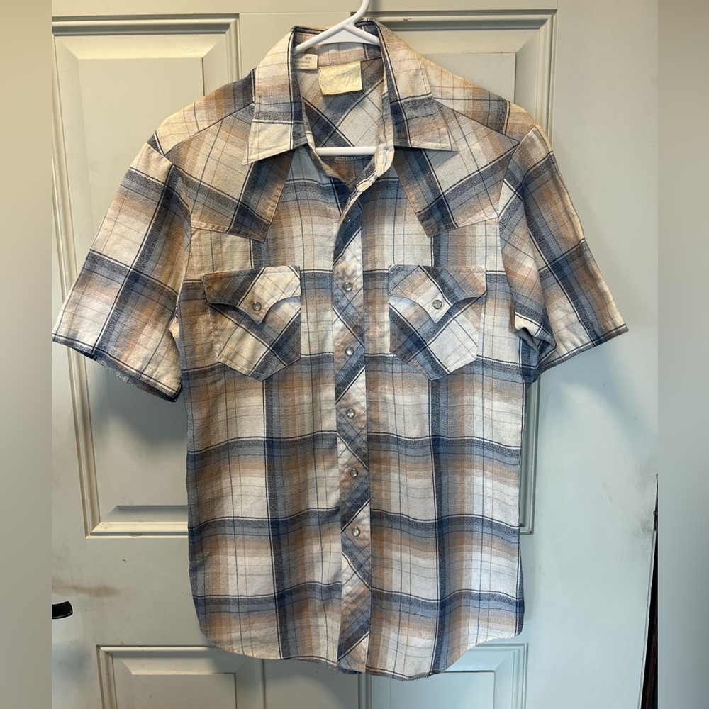 Rocking K Ranchwear Shirt Men M Brown/Blue Textured Short Sleeve  Pearl Snap Vtg